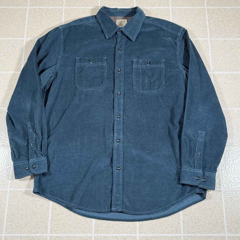 L.L. Bean Blue Corduroy Button Up Shirt 100 % Organic Cotton Men's Sz Large